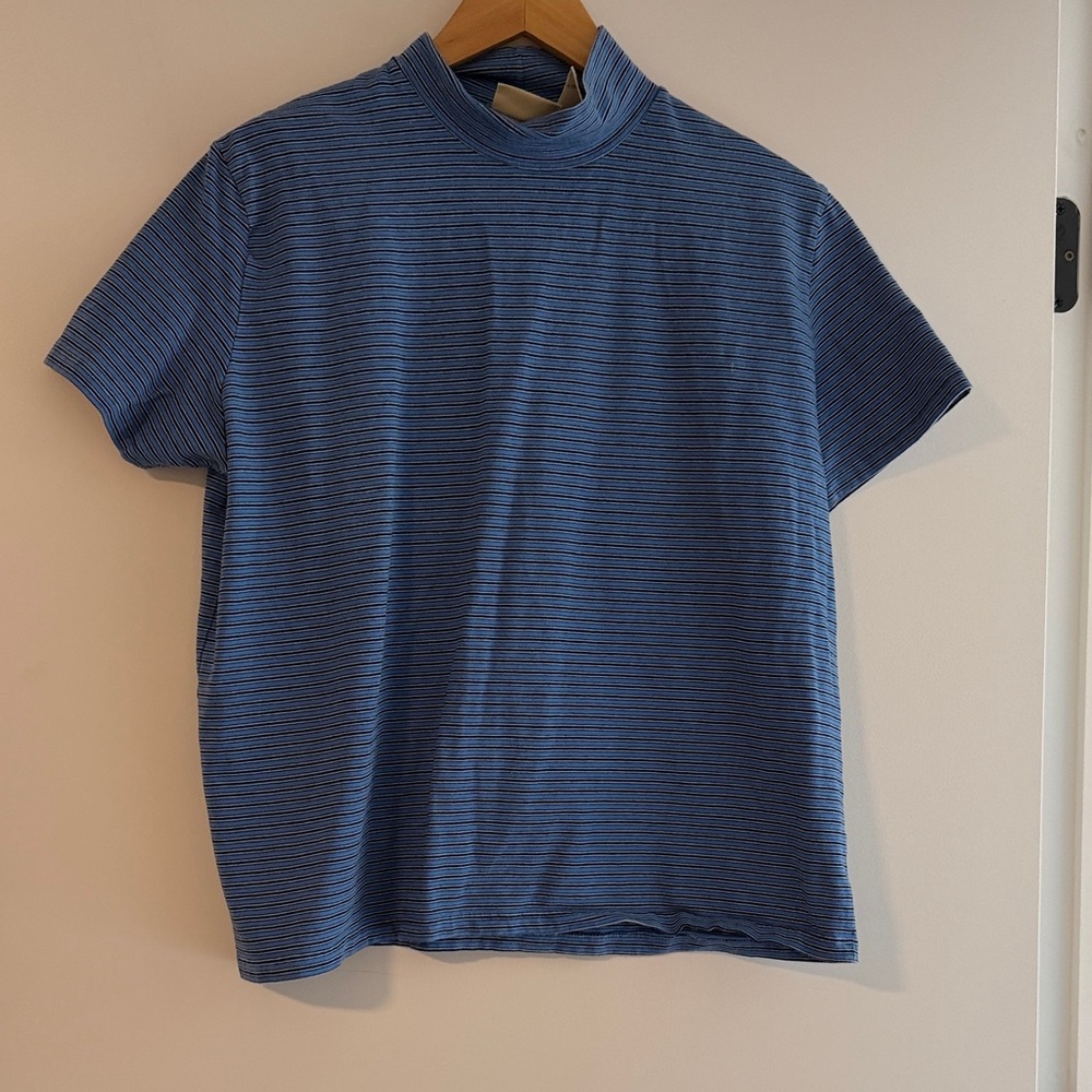 Eddie Bauer Navy and Black Striped Mock-Neck Short Sleeve Tee